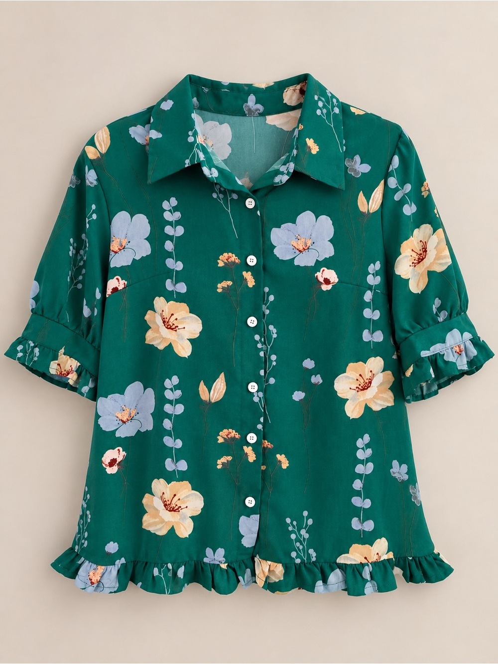 Emerald Green Floral Ruffle Blouse Puff Sleeve Size M